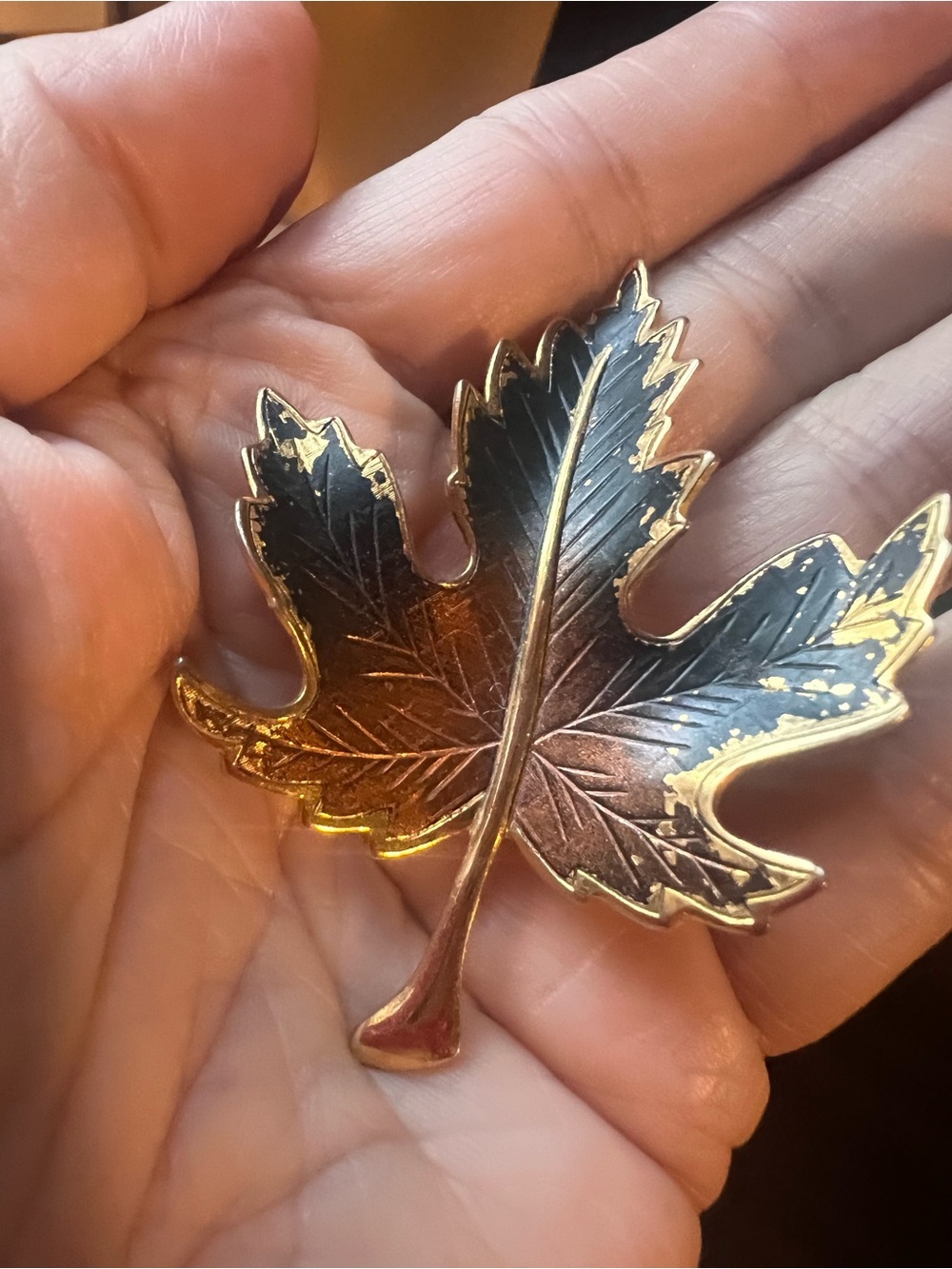 1960s/70s Gold Tone Maple Leaf Brooch Black Enamel Pin Figural Costume Jewelry